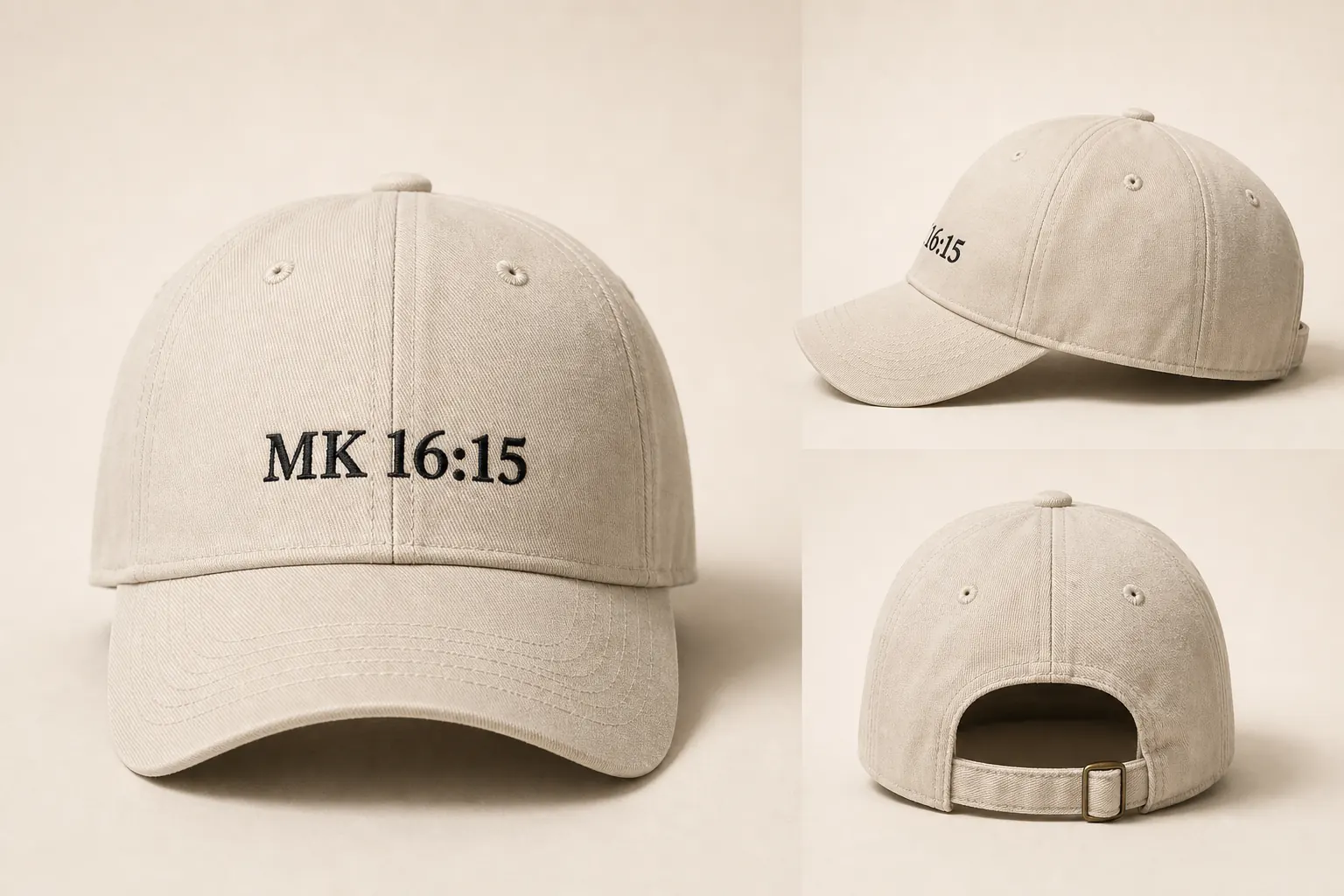 Boné claro MK 16:15 em diferentes ângulos