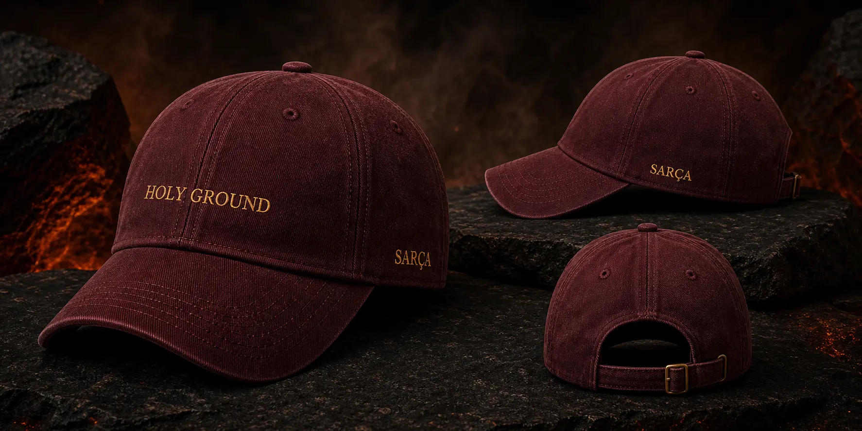 Boné vinho HOLY GROUND em diferentes ângulos